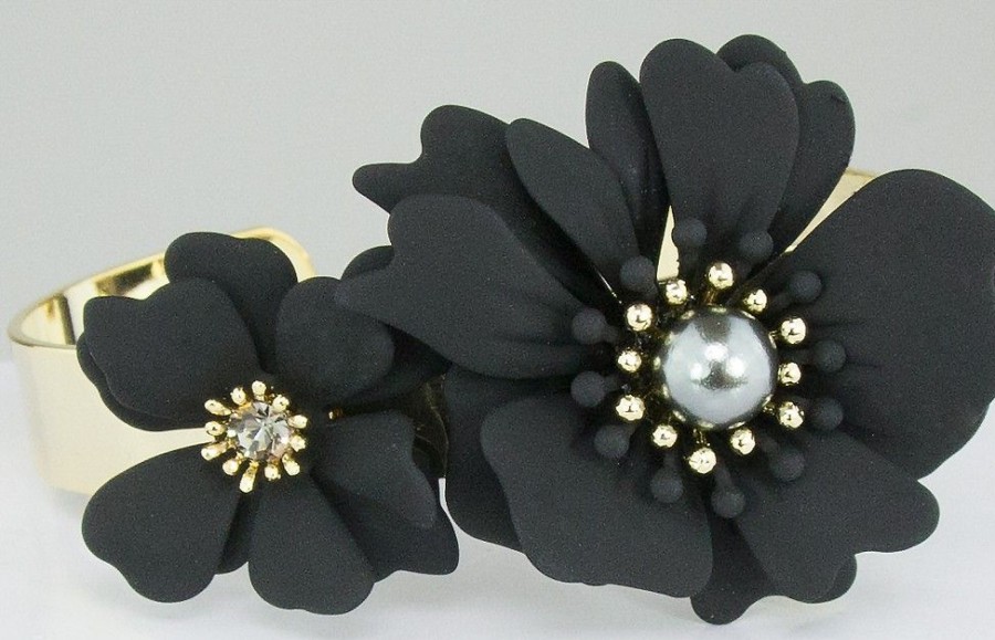 Schmuck LUISIA® | Luisia® Armreif Armspange Nelia Mit Blumen - 16 Karat Vergoldet Schwarz