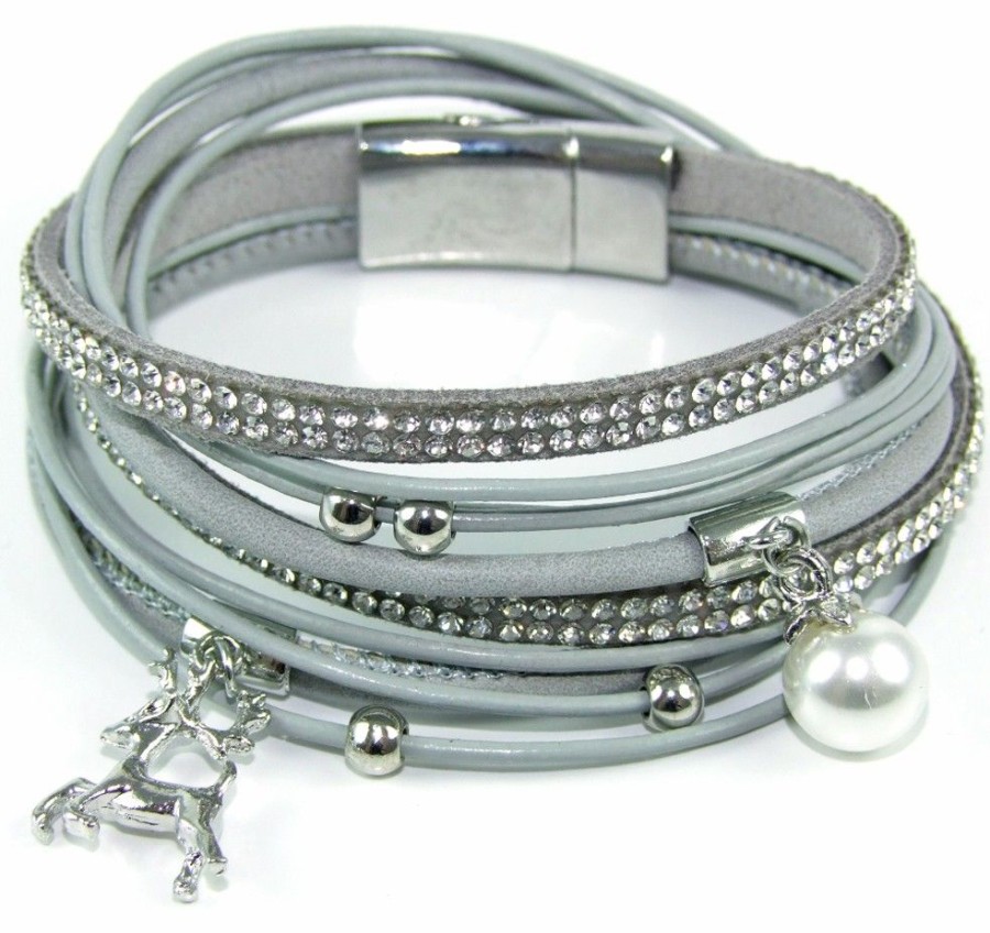 Schmuck Trachtenland | Wickelarmband Mit Strass Und Hirsch Anhanger - Grau