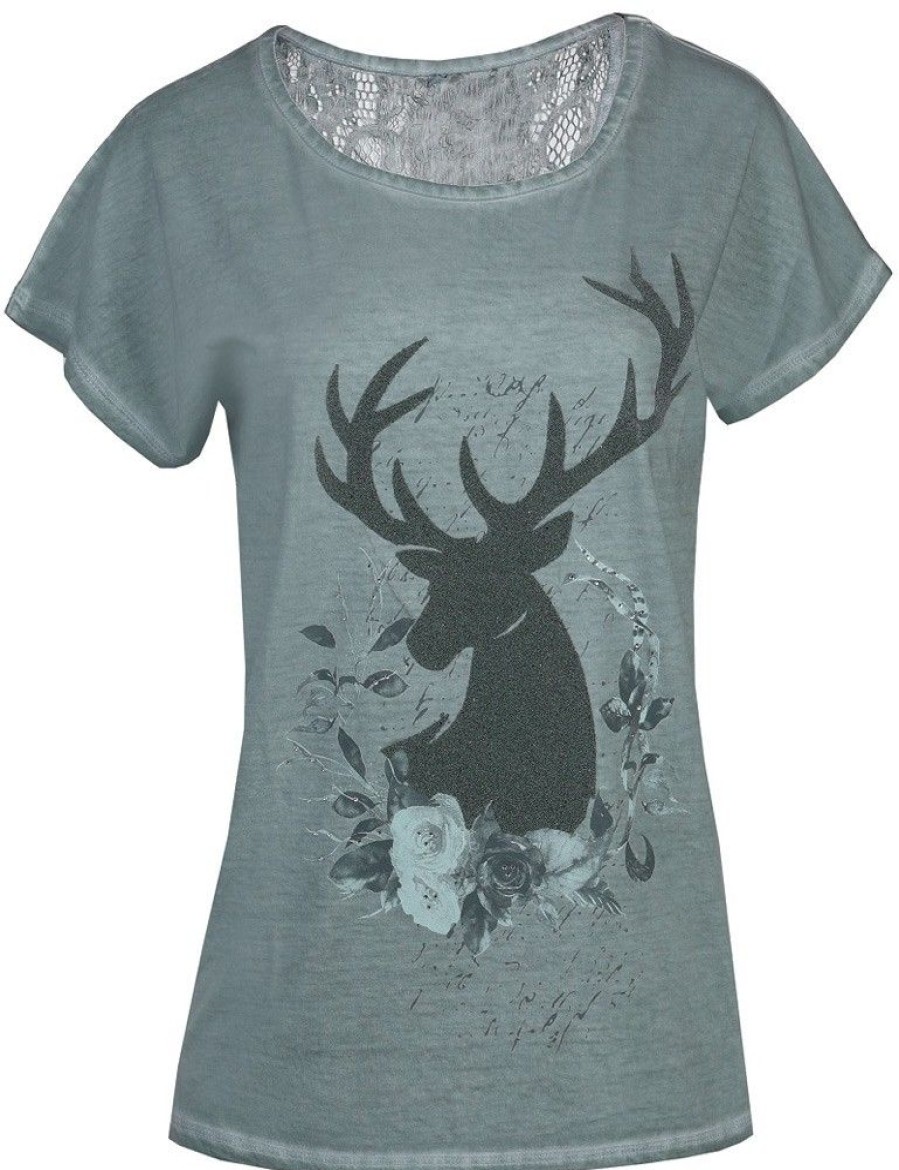 Damen MarJo Blusen & Shirts | Marjo Damen Trachten Shirt "Judith" Mit Hirsch Motiv | Grun-Blau