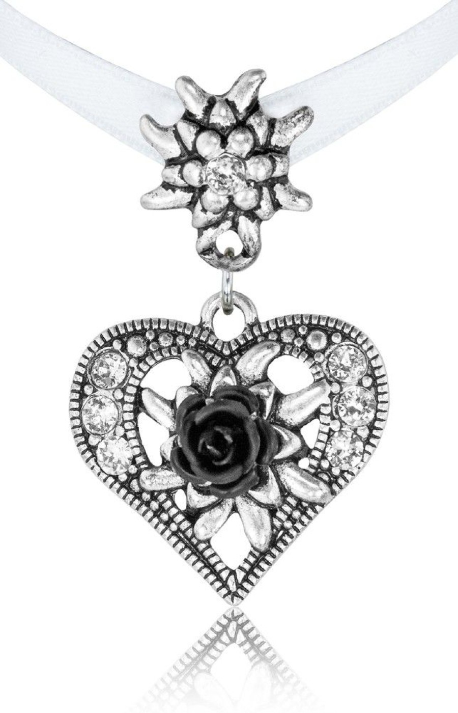 Schmuck Trachtenland | Herz Trachten Halskette Mit Rose - Weis