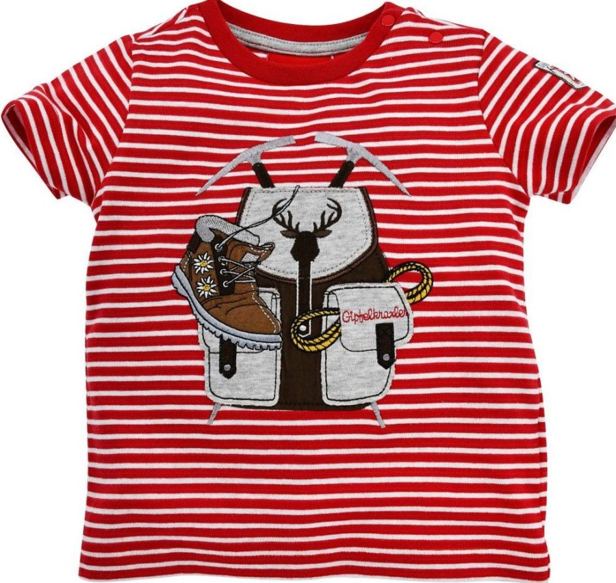 Jungen BONDI Shirts | Bondi Gipfelkraxler Trachten Ringel T-Shirt "Rucksack" - Rot