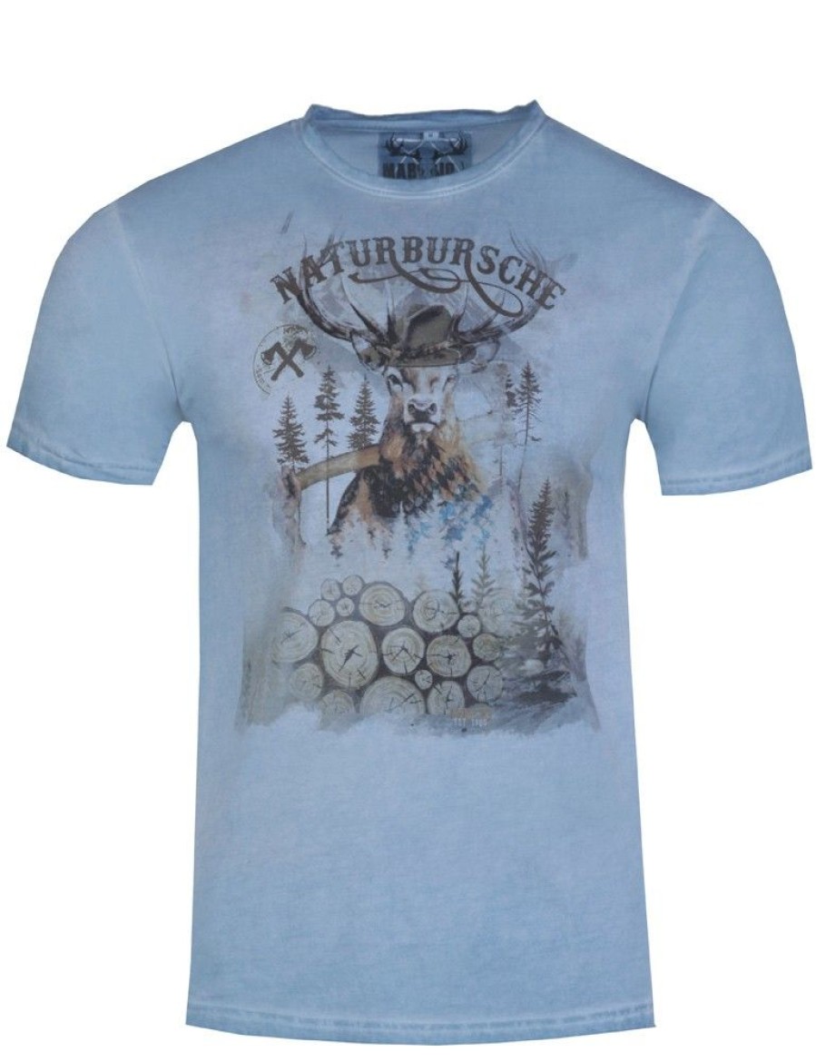 Herren MarJo Shirts | Marjo Herren Trachtenshirt "Guido" Mit Hirschmotiv | Donaublau