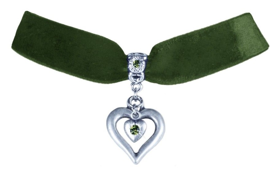 Schmuck LUISIA® Halsketten | Luisia® Samt Kropfband Heart In Heart 51239-47712 | Olivgrun