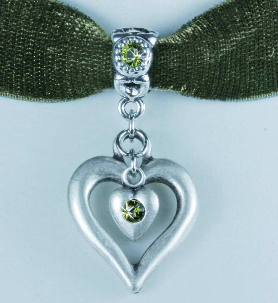 Schmuck LUISIA® Halsketten | Luisia® Samt Kropfband Heart In Heart 51239-47712 | Olivgrun