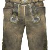 Herren Maddox Lederhosen | Maddox Kurze Trachten Lederhose "Plattspitz" Mit Gurtel | Antik Zirbe Mit Grunem Stick