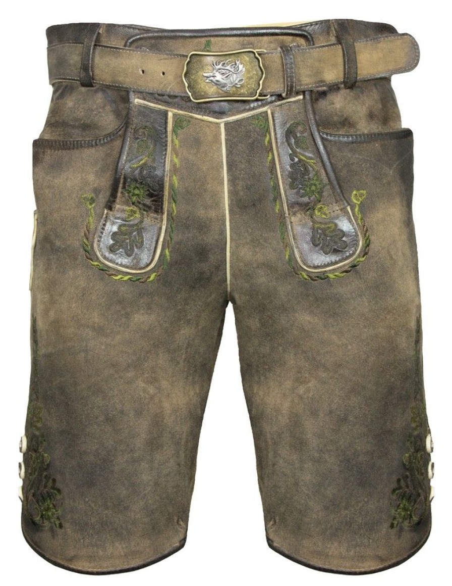 Herren Maddox Lederhosen | Maddox Kurze Trachten Lederhose "Plattspitz" Mit Gurtel | Antik Zirbe Mit Grunem Stick