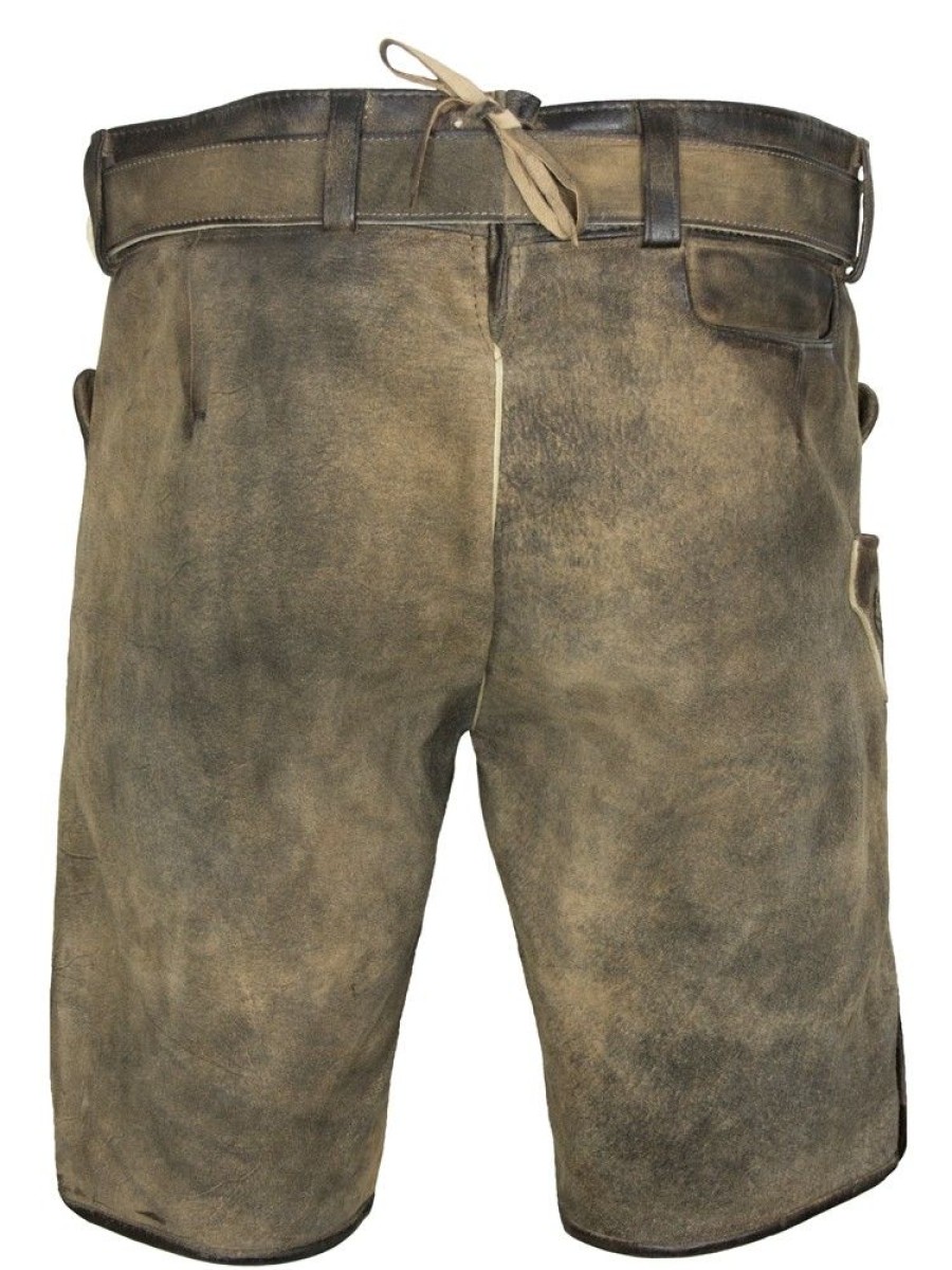 Herren Maddox Lederhosen | Maddox Kurze Trachten Lederhose "Plattspitz" Mit Gurtel | Antik Zirbe Mit Grunem Stick