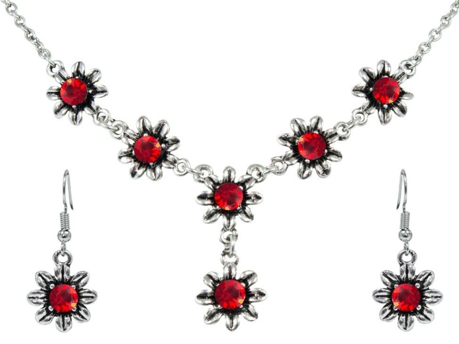 Schmuck Trachtenland | Blumen Collier Mit Ohrhangern - Rot