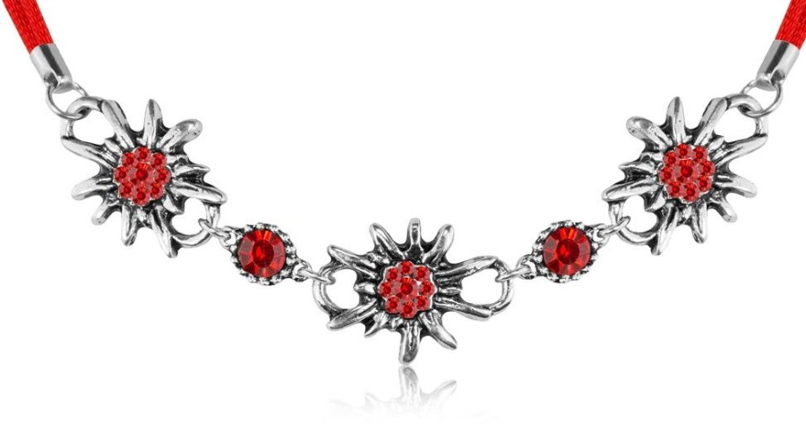 Schmuck Wolkenweis | Trachten Halskette "Selina" Collier Mit Edelweis Und Strass | Rot