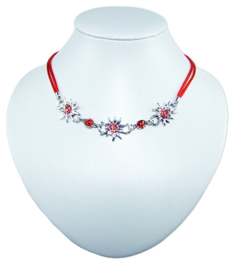 Schmuck Wolkenweis | Trachten Halskette "Selina" Collier Mit Edelweis Und Strass | Rot