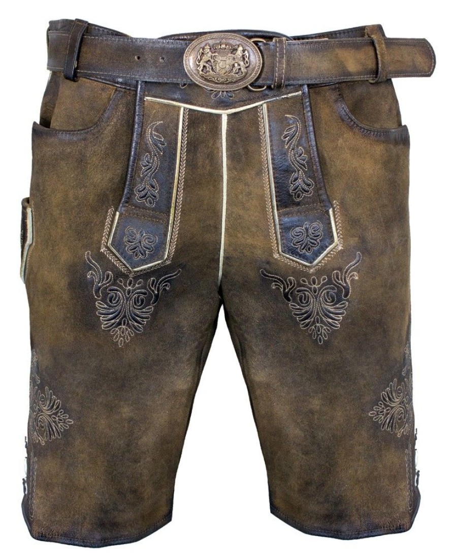 Herren Maddox Lederhosen | Maddox Kurze Lederhose "Ammersee" Mit Gurtel | Antik Nuss