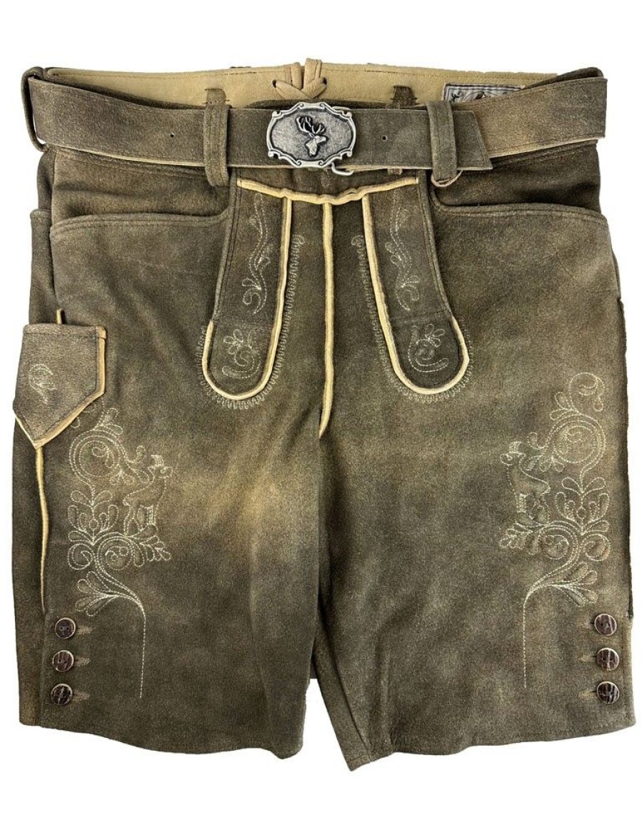 Herren Da´ Buchberger Lederhosen | Buchberger Kurze Lederhose "Schorsch 1" Mit Gurtel | Ziegenvelours Granit