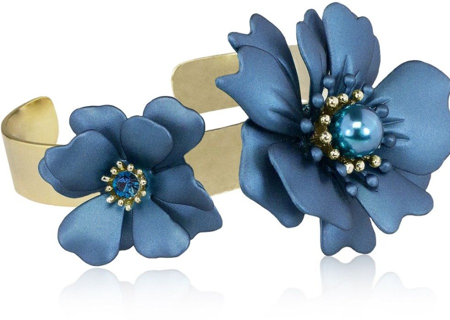 Schmuck LUISIA® | Luisia® Armreif Armspange Nelia Mit Blumen - 16 Karat Vergoldet Dunkelblau