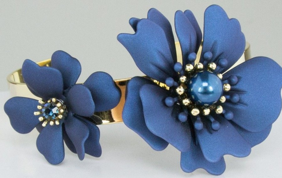 Schmuck LUISIA® | Luisia® Armreif Armspange Nelia Mit Blumen - 16 Karat Vergoldet Dunkelblau